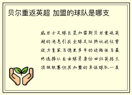 贝尔重返英超 加盟的球队是哪支